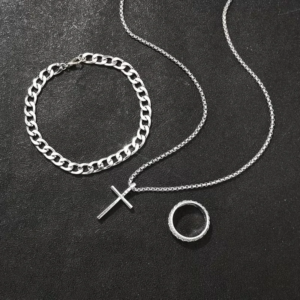 3PCS Men's Fashion Hip Hop Handsome Cross Jewelry Set, Necklace, Ring, Bracelet